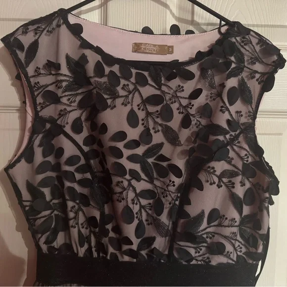Carla Conti party dress size med pale pink 3D black flowers elastic waist - Picture 2 of 5